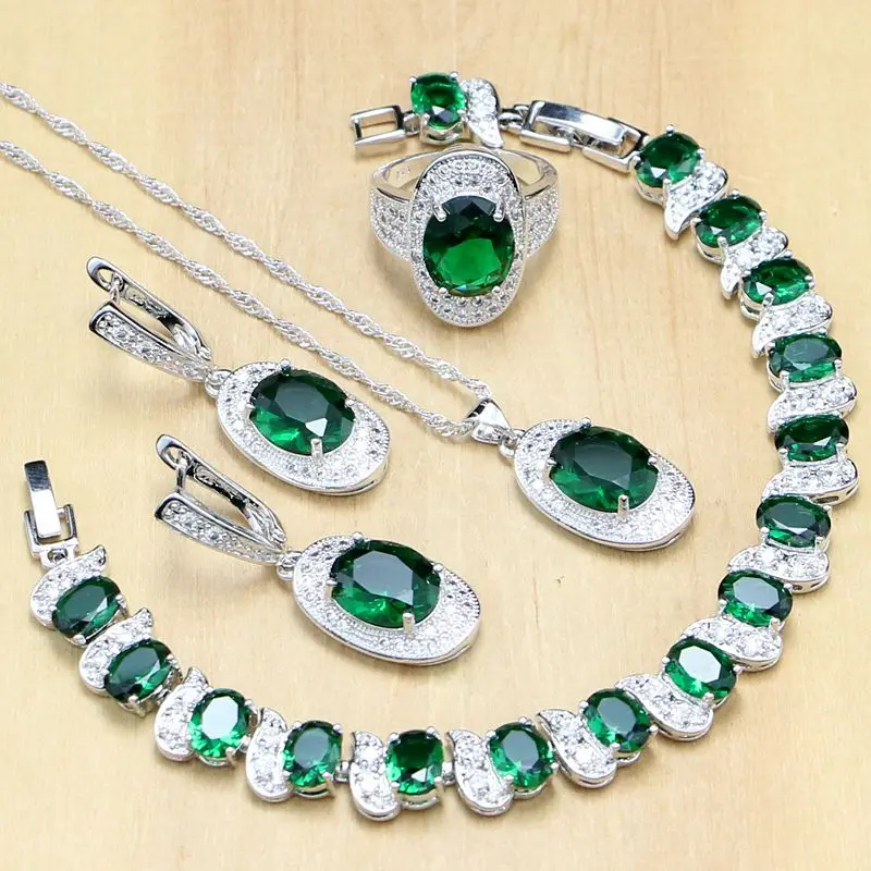 

925 Silver Bridal Jewelry Sets Green Zircon White CZ Docoration For Women Weeding Earrings Pendant Rings Bracelet Necklace Set