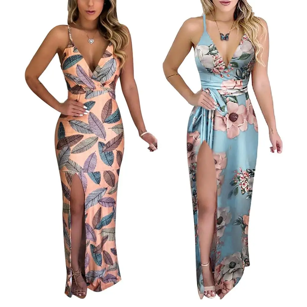 

V-Neck 2020 Fashion Womens Floral Printed Camis Backless Split Party Sexy Bodycon Long Dress Side Slit Vintage Long Dress