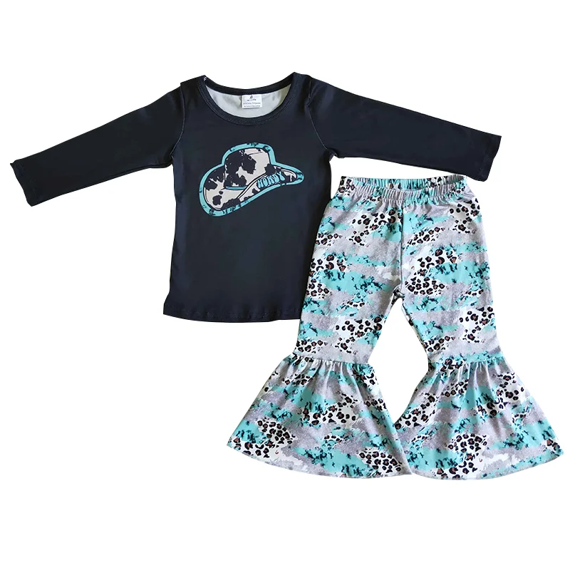 

2021 knitted baby girls boutique clothing sets black long sleeves with hat pattern azure grey leopard print pants