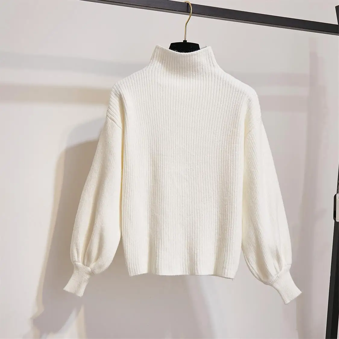white sweater New Winter Pullover Sweater& Woolen Cloth Lantern Sleeve Knitted Top Irregular Skirt Suit With Belt Outfit Casaul Clothes - Цвет: white sweater