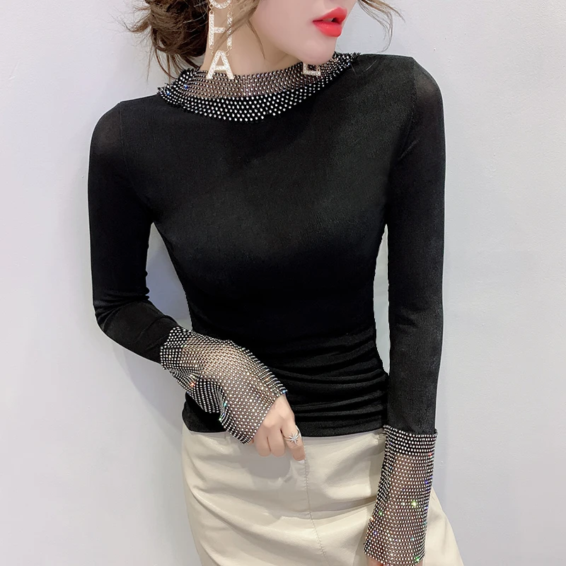 

#5730 Red Black Grey Long Sleeve T Shirt Women O Neck Cotton Casual Stretch T Shirt With Diamonds Casual Basic T-shirt Slim Tide