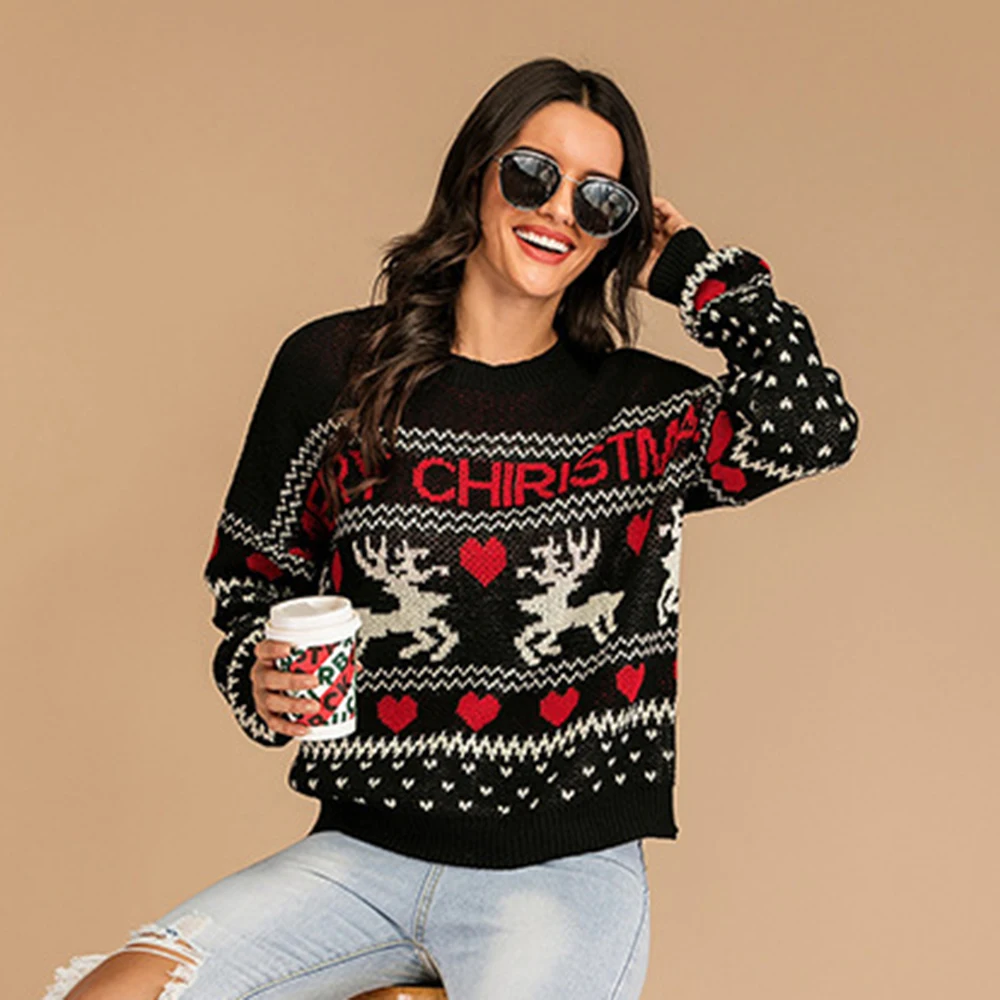 

Women's Autumn New Sweater Simple Commuter Style Christmas Elk Love Pattern Long Sleeve Loose Round Neck Pullover Knit Top