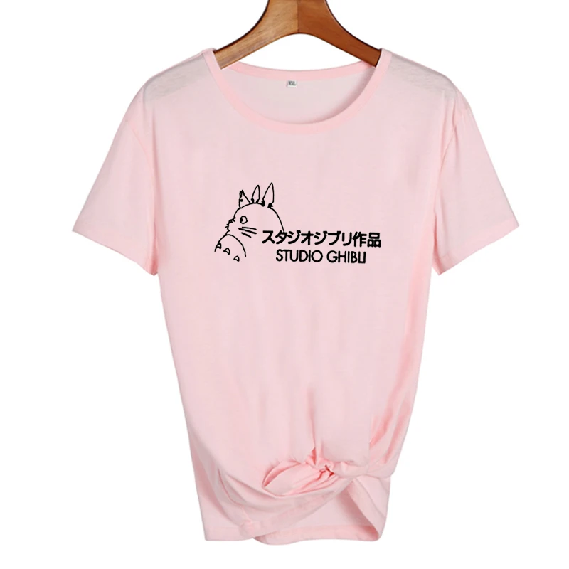 pink-black Студия футболка Ghibli женские топы японский Harajuku мультфильм футболка Милая графическая футболка Топы Черный Белый Размер s-xxl - Цвет: pink-black