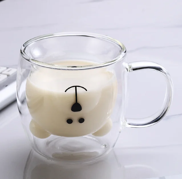 

New cute animal glass cup with handle 250 ml double glass milk cup Coffee Cup Christmas gift for children girls adults