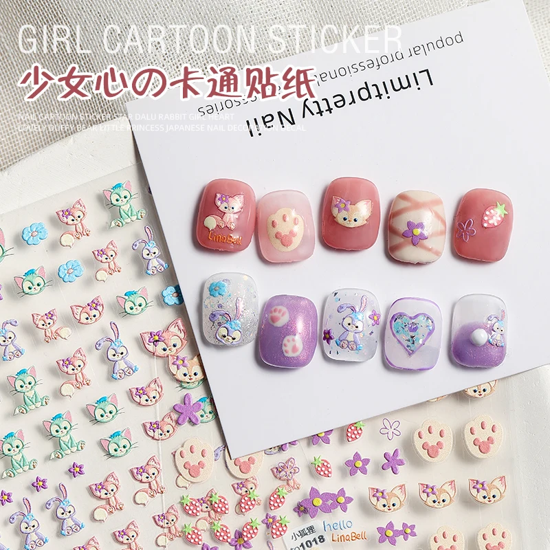 Наклейки для ногтей с 3D гравировкой милые животные лиса кролик цветок подошва