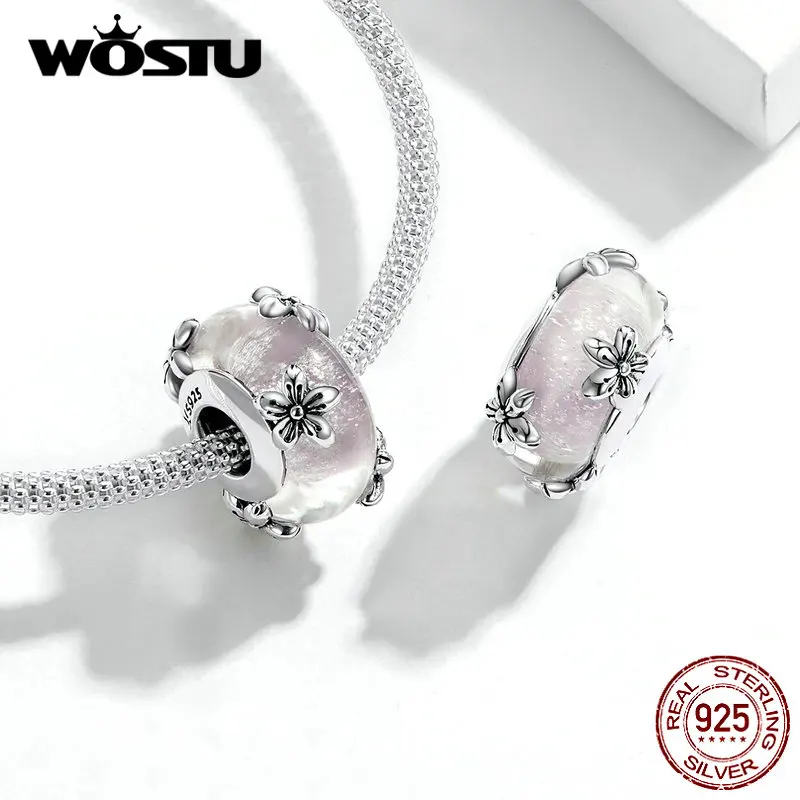WOSTU Аутентичные 925 стерлингового серебра трава Сакура Бусины Подходят