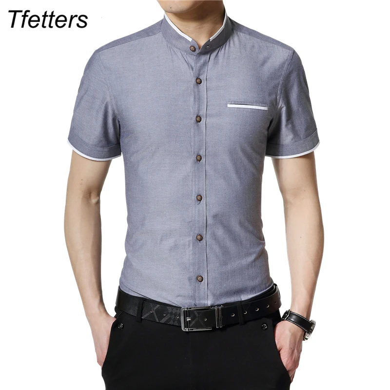 

TFETTERS Brand New Fashion Summer White Shirt Men Short Sleeve Shirt Slim Fit Stand Collar Solid Color Button Shirt for Man
