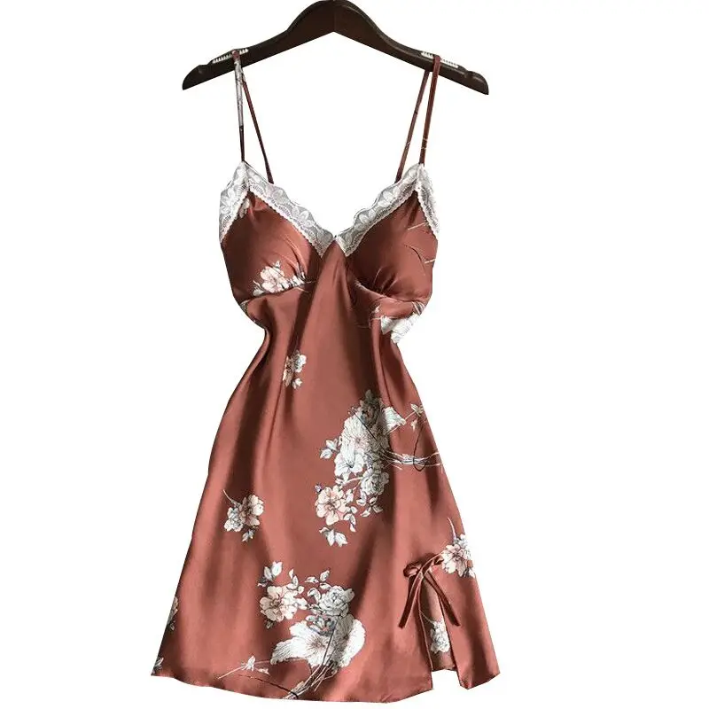 

Flower Print Sling Nightgowns Lace Nightdress Women Sexy Nightwear Summer Sleepdress Deep V-Neck Sleepwear Backless Homewear