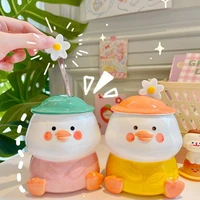 cute duck ceramic mug with lid and spoon couple water cup gift ceramic niche design sense of high sense of summer cup