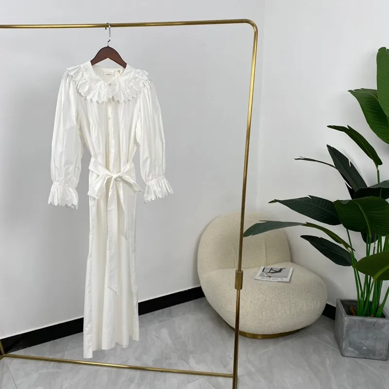 

2021 New Summer Women Fashion Ruffles Collar Long Sleeve White Ankle Length Dresses High Quality Organic Cotton