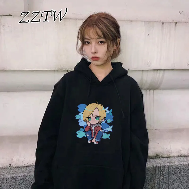 

Толстовка женская с капюшоном, модный Свитшот оверсайз из флиса с японским аниме принтом бананов и рыбок, теплая толстовка в стиле Харадзюк...