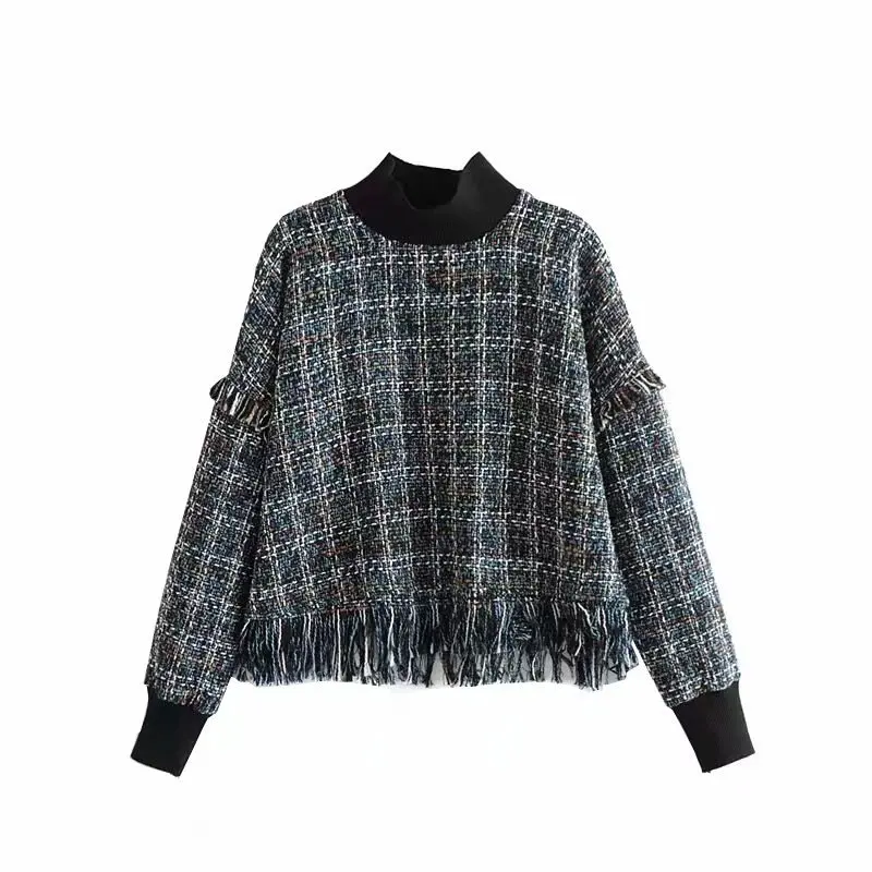 Винтажный твидовый клетчатый свободный свитер для женщин Осенний Ретро пуловер