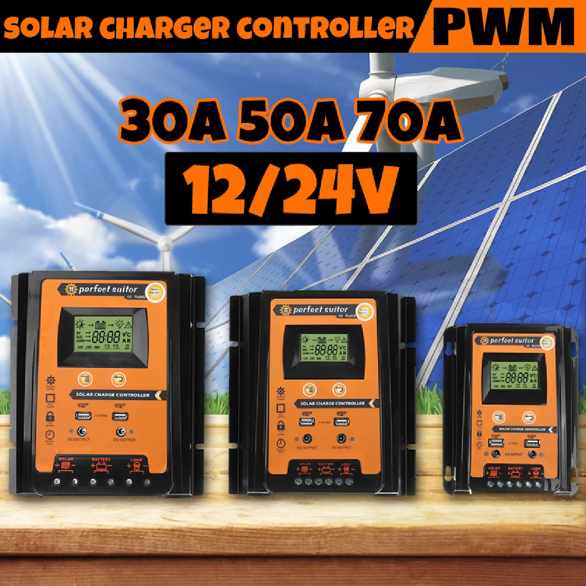 30A/50A/70A 12 В/24 В интеллектуальная солнечная панель контроллер заряда батареи ШИМ ЖК-дисплей Солнечный коллекторный регулятор двойной USB выход