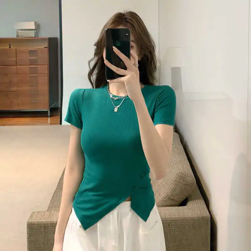 

Women's Short-Sleeved T-shirt 2021 New Summer Slit Slim-Fitting Base Shirt Solid Color Diagonal Buckle All-Matching Short round