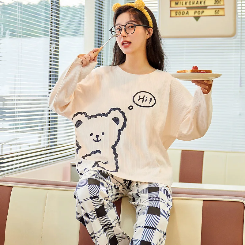 

Winter Vintage White Long Sleeve Pajamas For Women Loose Cotton Thicken Keep Warm Home Suit Kawaii Bears Cartoon Girl Sleepwear