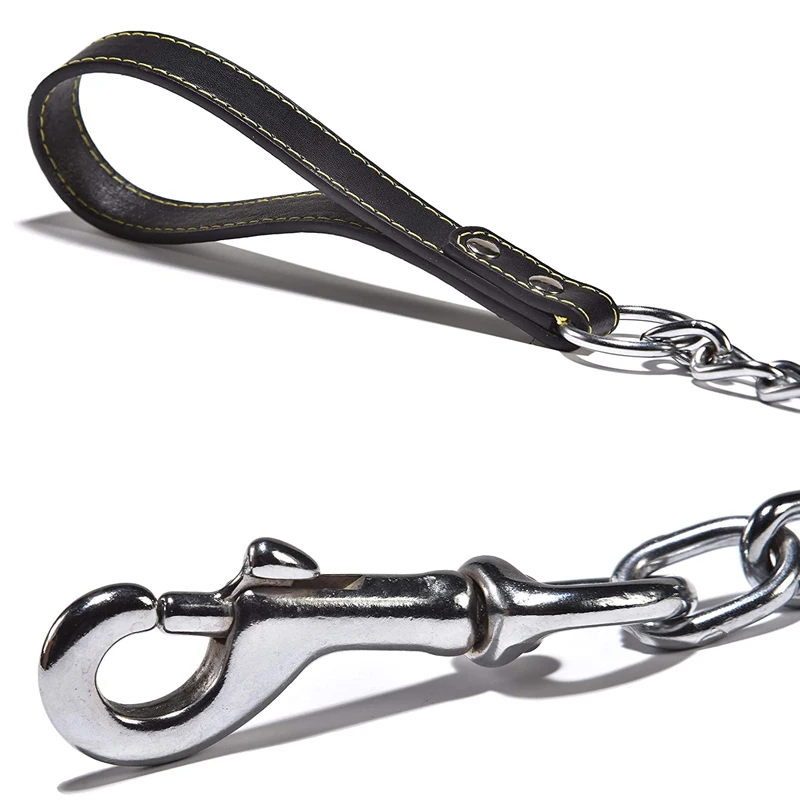 Сверхмощный поводок для собак металлический с кожаной ручкой средних и больших