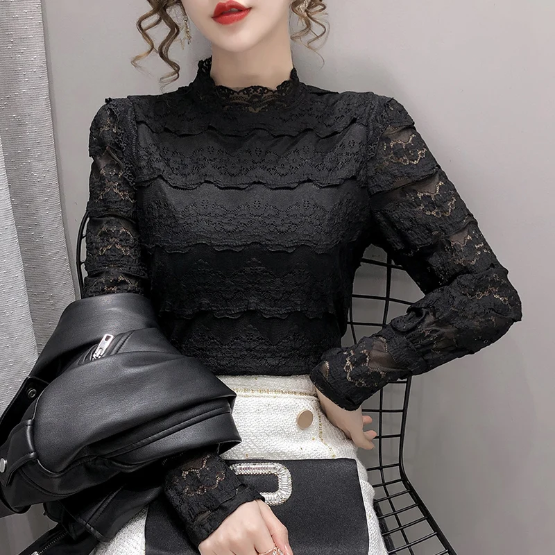 

HKCP Fashion Solid Base Shirt Wild Lace Half-high Collar Long-sleeved Lace Shirt Women's Fashionable Lace Bottoming Shirt Winter