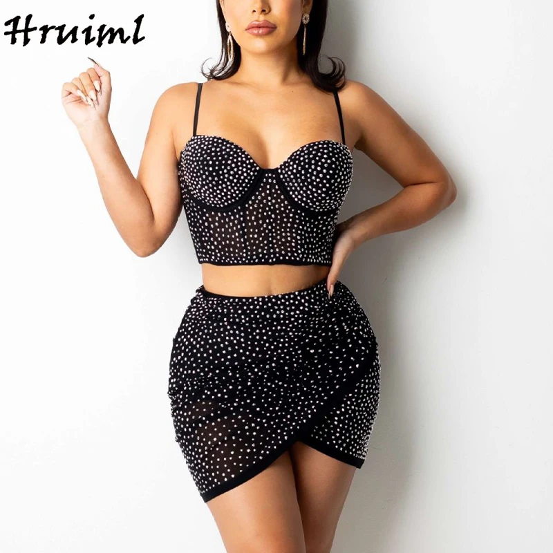 

Dress Sets Womens Outfits Korean Style Strapless Top and Skirts Summer Women Suit Set Elegant Diamonds Decorated Club Women Sets