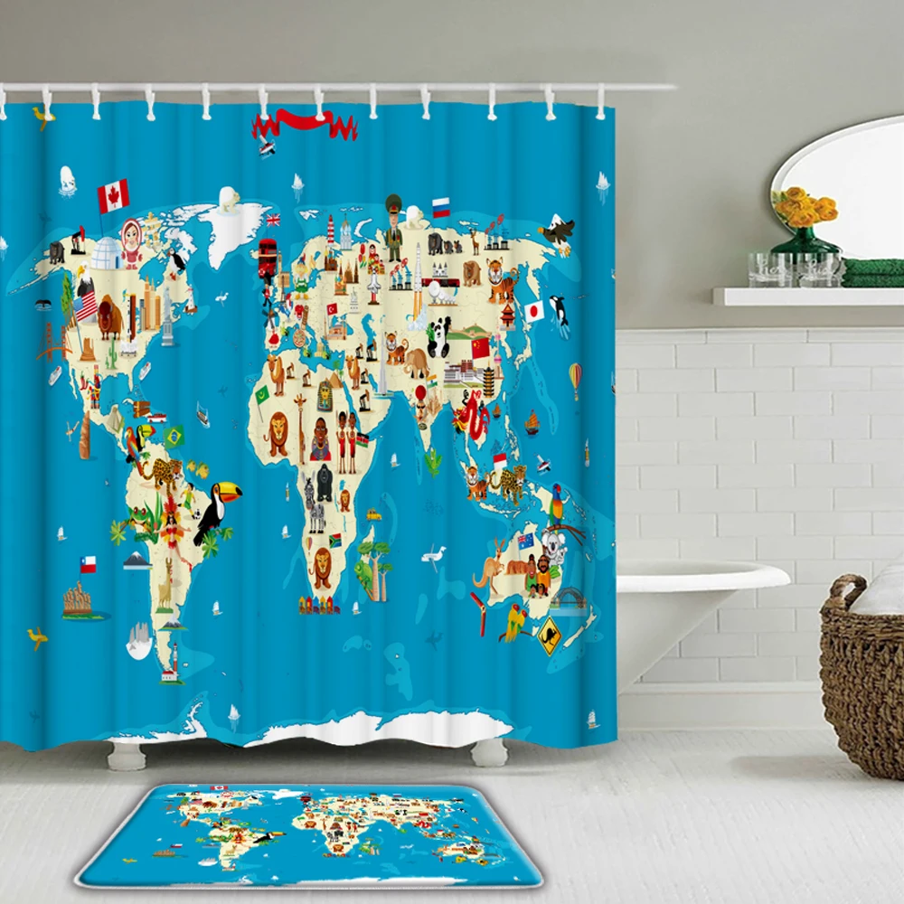 

Cartoon Animals Map Printed Shower Curtains Set With Non-Slip Mat Fabric Waterproof Bathroom Curtain Carpet Toilet Bath Mat