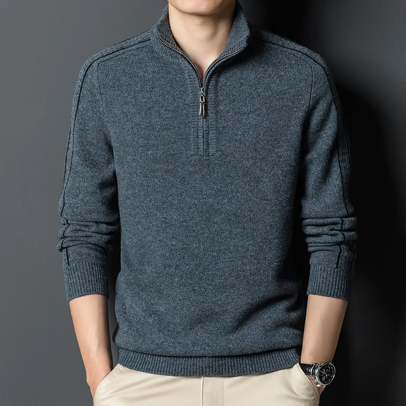 

Half-necked cardigan men's young and middle-aged fashion trend Zipper sweater with cashmere high-end knitted bottoming shirt.