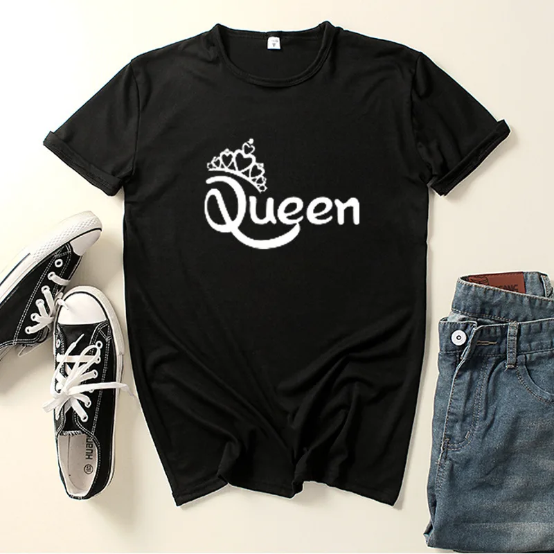 

King Queen Couples T Shirt Queen Crown Print Couple Tshirt Summer Fashion Woman T-shirt Casual O-Neck Tops Lovers Tee Shirt