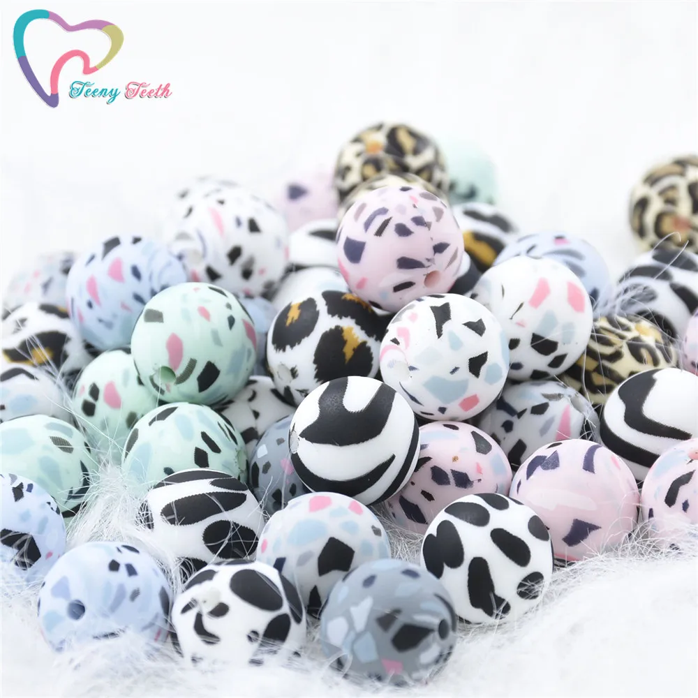 

10 PCS 12-15 MM Silicone Terrazzo & Leopard Print Round Beads Teether Pendant DIY Jewelry Necklace Beads Baby Nursing Ball Beads