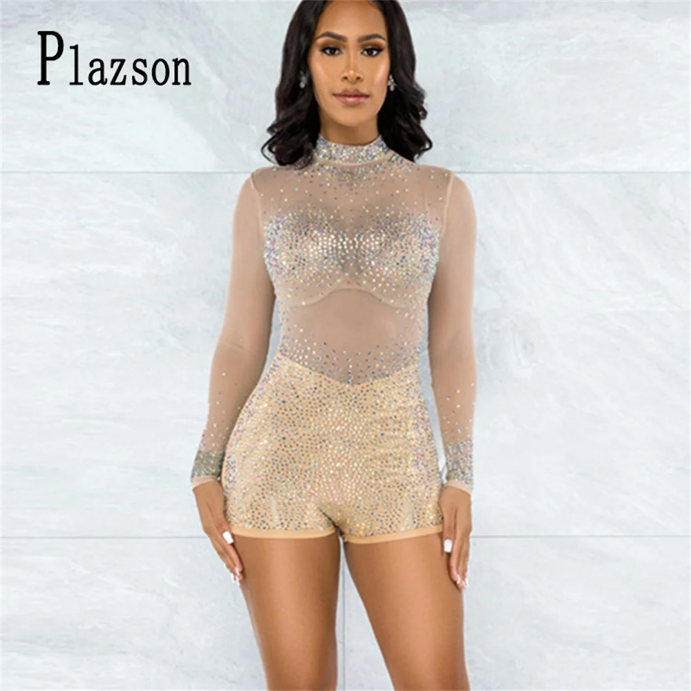 

Plazson Sexy Mesh See-Through Bodycon Playsuit Women Summer Lace Long Sleeve Diomand Skinny Short Romper Nightclub Zip Jumpsuit