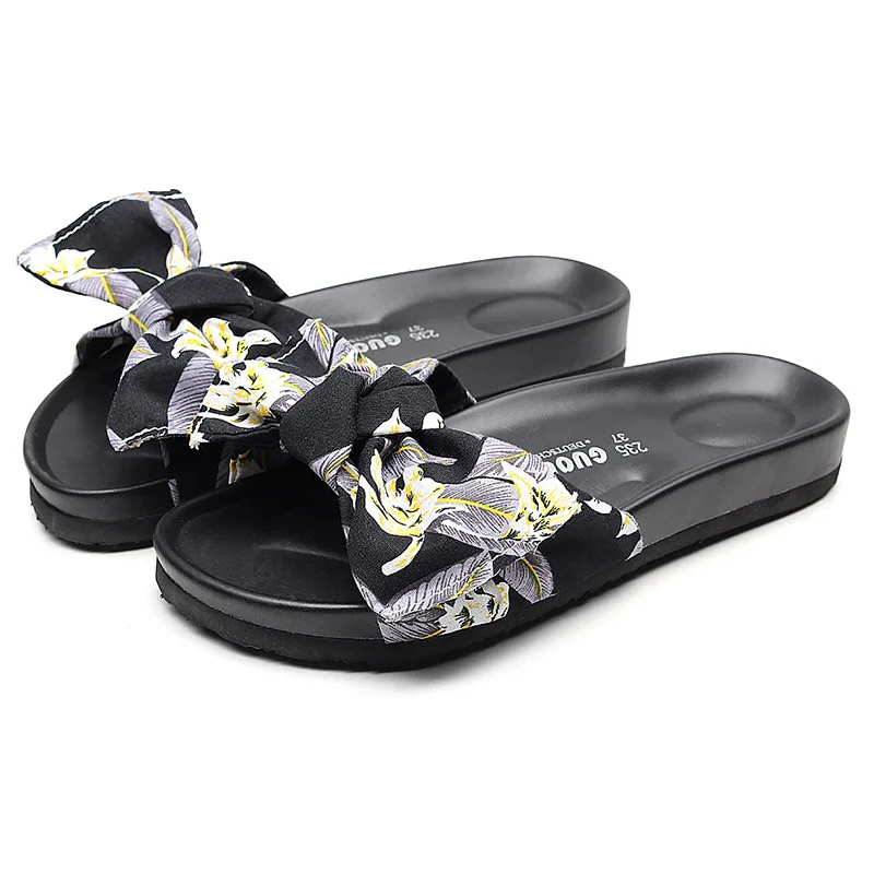 

Shoes Woman 2021 Female Slippers Butterfly-Knot Low Luxury Slides New Soft Beach Flat Designer PU Butterfly-knot Cotton Fabric R