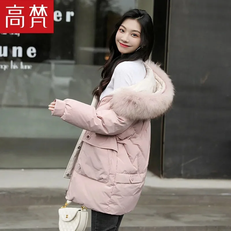 Female Down Jacket Mid-length 2021 Women New Fashion Real Fur Collar Jacket Windproof Thick White Duck Down Winter Coat Commute