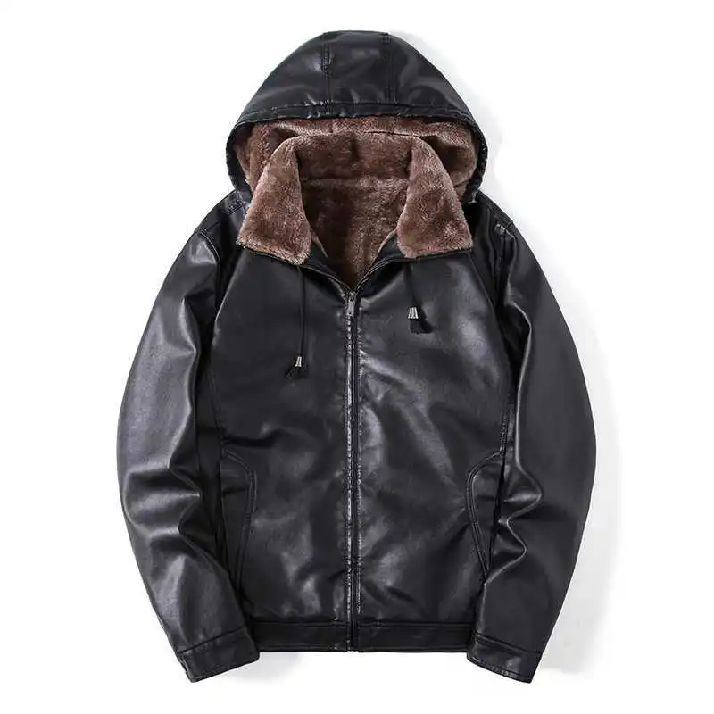 Hooded Motorcycle PU Jacket Men Fleece Warm Zipper Leather Jackets Black  Coffe Red Color High Quality XXXXL Top Clothes Men