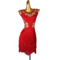 red sexy latin dance dresses women performance chinlon crystalsrhinestones tassel sleeveless natural dress