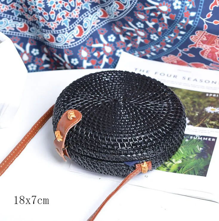 black A 18x7cm Солнечный пляж, ручные тканые сумки, круглая сумка с пряжкой, Ротанговые соломенные сумки, ранец, богемная пляжная круглая сумка - Цвет: black A 18x7cm