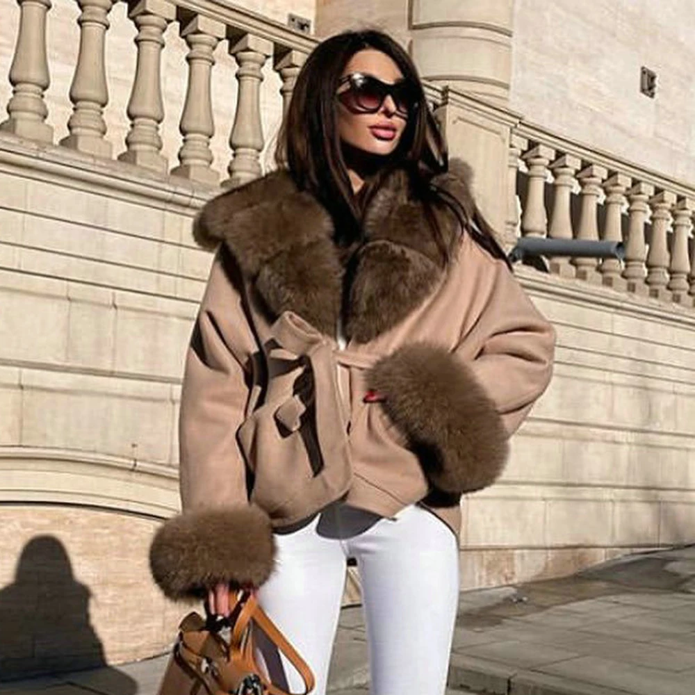 

Women Natural Wool Blends Coat with Hood Thick Warm Fox Fur Cashmere Coats Outwear Woman Winter Luxury Fur Overcoats 2021 New