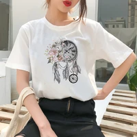 pocket watch flower and feather print clothing women 2021 beautiful fashion cute versatile t shirts hipster autumn top popular