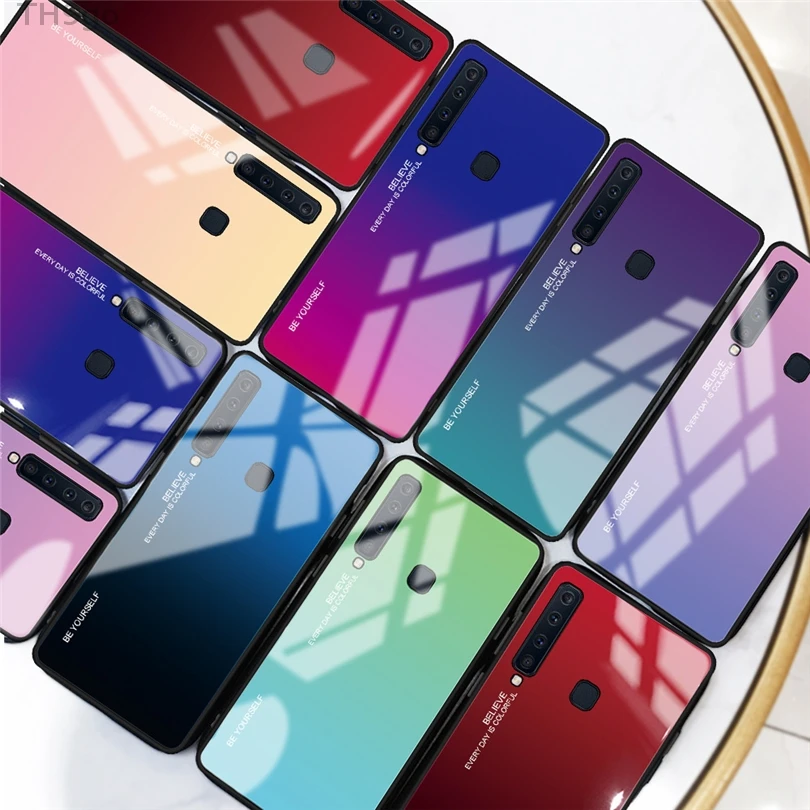 Gradient Tempered Glass Case For Samsung Galaxy M20 A30 A50 A6 A7 A8 Plus A9 2018 Hard Skin M10 A10 A20 Cover |