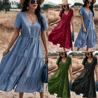 janevini 2021 casual women midi dresses v neck buttons short sleeves lace up waist a line summer female loose solid beach dress