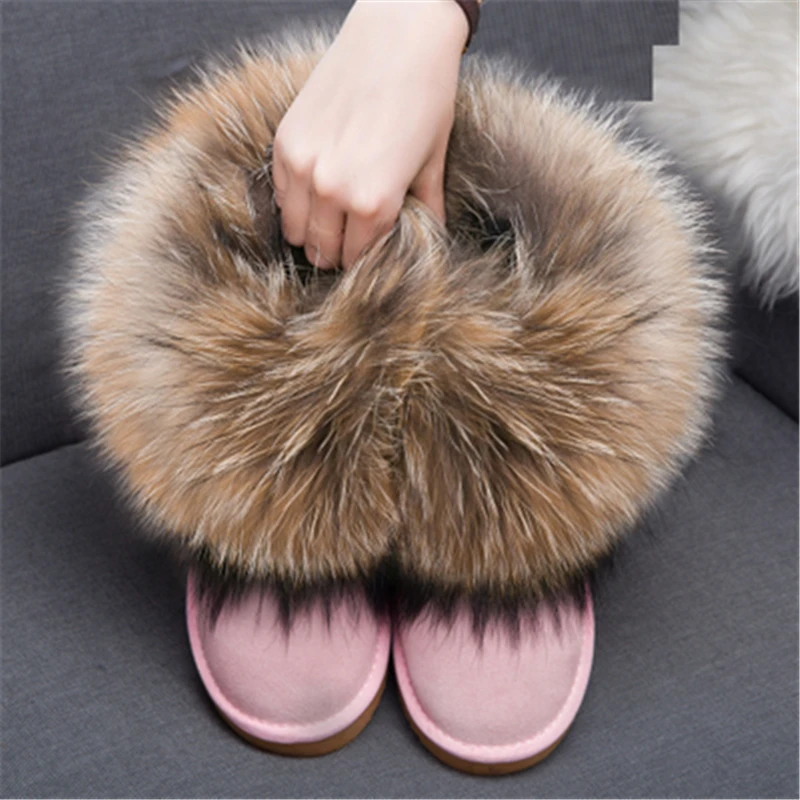 pink suede Зимние ботинки с натуральным лисьим мехом; женская обувь с мехом енота; короткие ботинки из натуральной замши; женские ботильоны; женская теплая обувь на плоской подошве - Цвет: pink suede