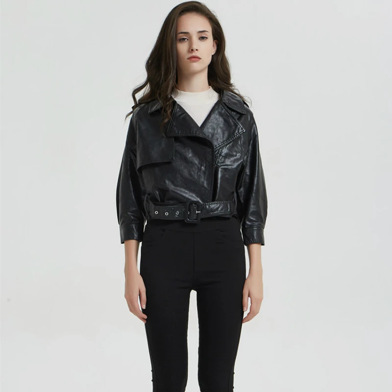 

Женская Байкерская кожаная куртка Modis, однотонная Черная байкерская куртка из потертого кожзаменителя с поясом, короткая, на молнии, осень 2019