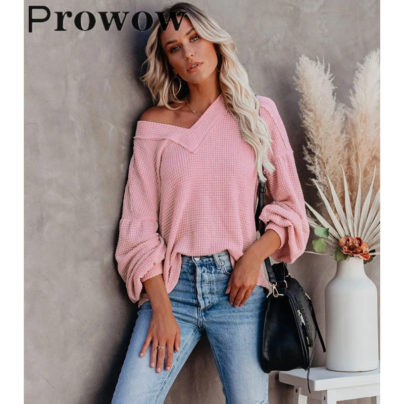 

Prowow Autumn Winter Women Fashion Solid Lantern Sleeve V Neck Sweater Ladies Casual Loose Streetwear Long Sleeve Pullover Tops