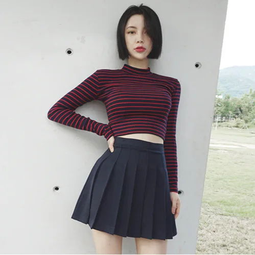 2019 Applerloth A-Sexy Cotton Striped Long-sleeved Tshirt Women's College Half-high-necked short-sleeved blouse women shirts | Женская