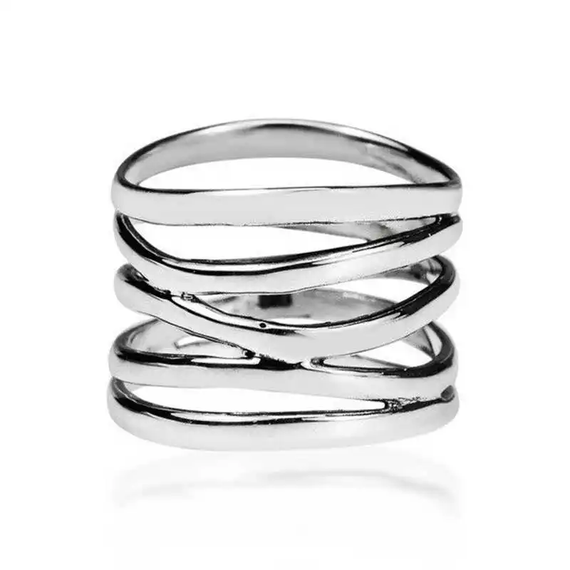 

Punk Wide Five Band Coil Wrap Silver Color Ring Wedding Engagement Jewelry Gifts