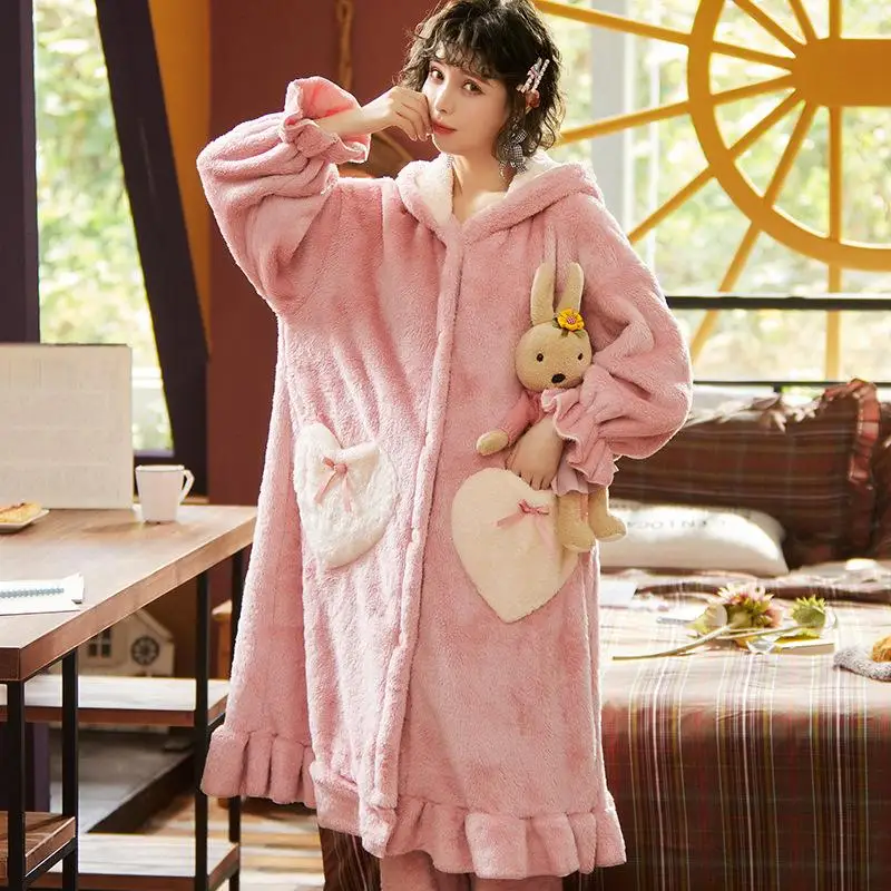 

ZITYAutumn Winter Women Hooded Pajama Sets Ruffled Warm Coral Flannel Sleepwear Set Solid Female Thick Long Soft Cute Nigh