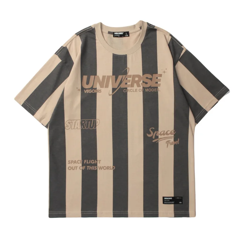 

American Style Retro Striped Print Short Sleeve T-shirt Men and Women Hip Hop Streetwear Loose BF Couple Tops 100% Cotton Tees