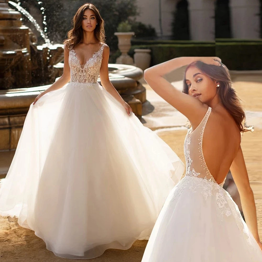 

Sexy Backless Beach Boho Wedding Dresses 2021 Vestido De Noiva Deep V-neck Illlusion Lace Appliques Tulle Bridal Wedding Gowns