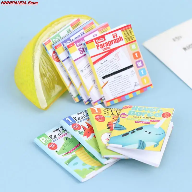 

4 шт. 1:12 миниатюрный мультяшный кукольный домик с английскими книгами для упражнений, бумажный блокнот, декор для кукольного домика