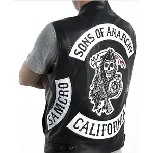2020 new sons of anarchy embroidery leather rock punk vest cosplay costume black color motorcycle sleeveless vest jacket men free global shipping