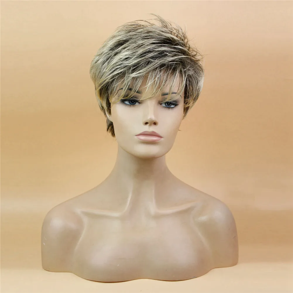 Blonde Brown Pixie Cut Wig Ombre Shaggy Layered Cosplay Hair Wigs Natural Synthetic Short Straight Wig Side with Bangs for Women siv hair medium shaggy side bang natural straight colormix human hair wig