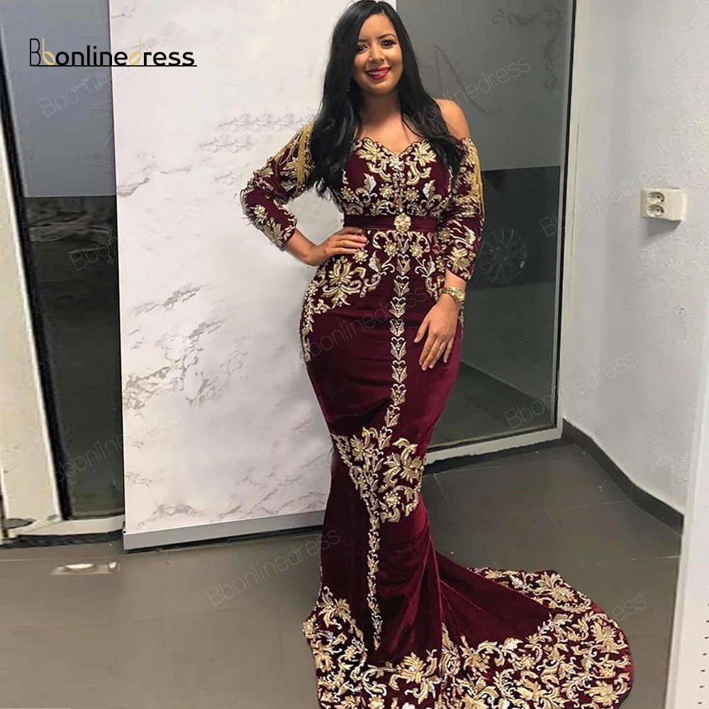 Bbonlinedress марокканские платья Caftan вышивка Аппликации длинные рукава Русалка