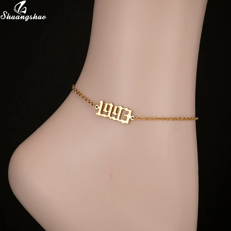 Mini Initial Year Anklets Bracele for Women Stainless Steel Birth Number Leg Chain Gold Femme 1980 1981 1982 1983 1984 Anklet | Украшения и