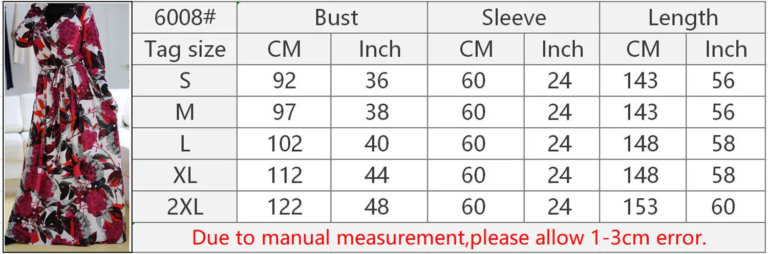 

Mandylandy High Waist Muslim Dress Robe Women Muslim Dress Long Sleeve Floral Printed Middle East Abaya V-neck Slim-Fit